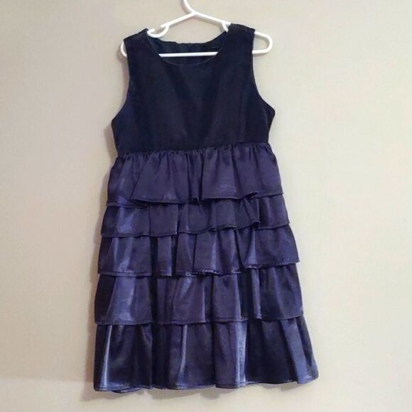 Benetton Class Navy Velvet Bodice Party Dress Girls 6/7 Ruffle Skirt Zip Back - Picture 1 of 6